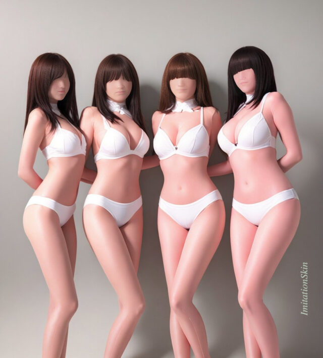 薄ピンクのZENTAI（全身タイツ）を着た４人の女性を並べてみた