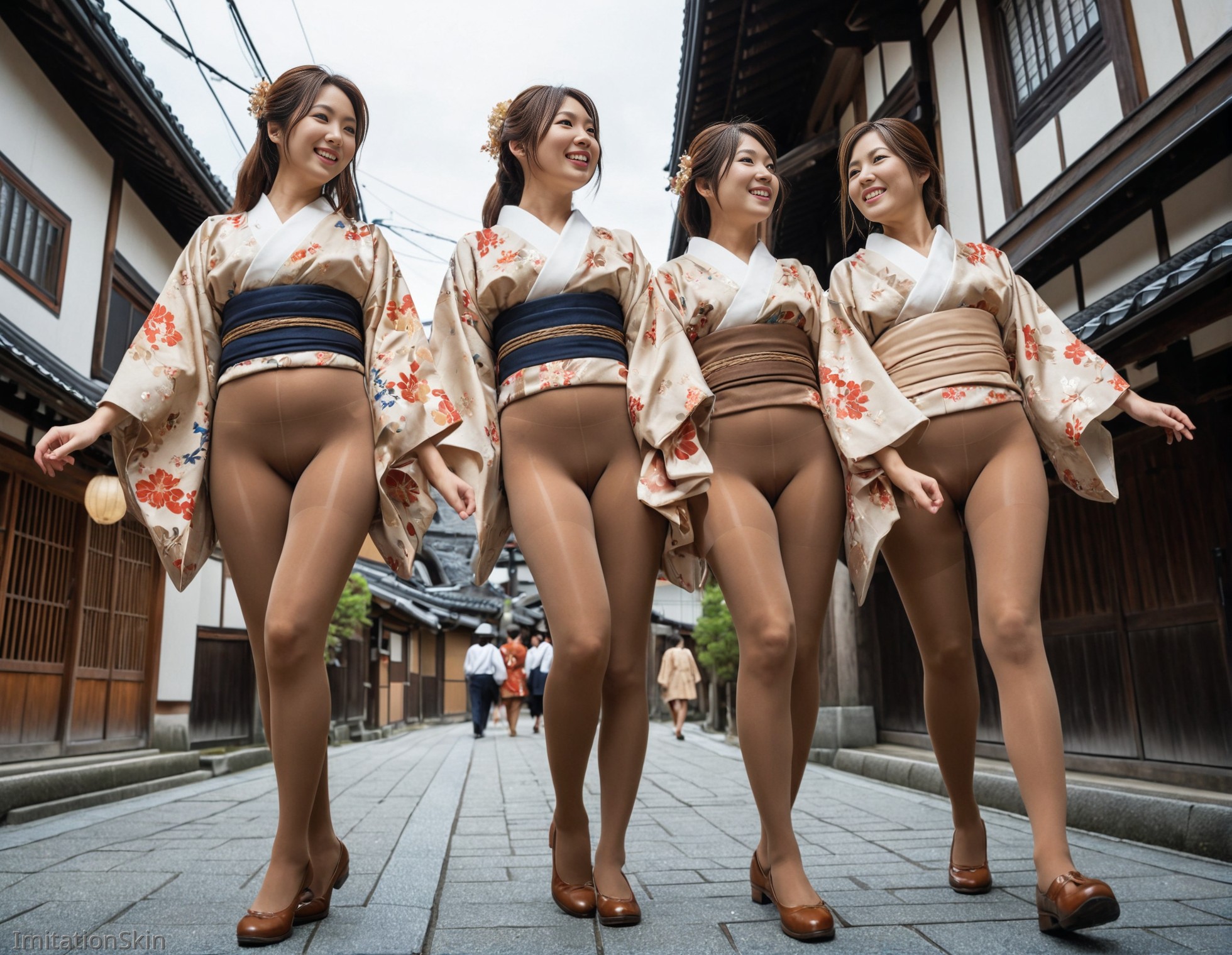 着物に本ノーパンパンストで古都を歩く集団