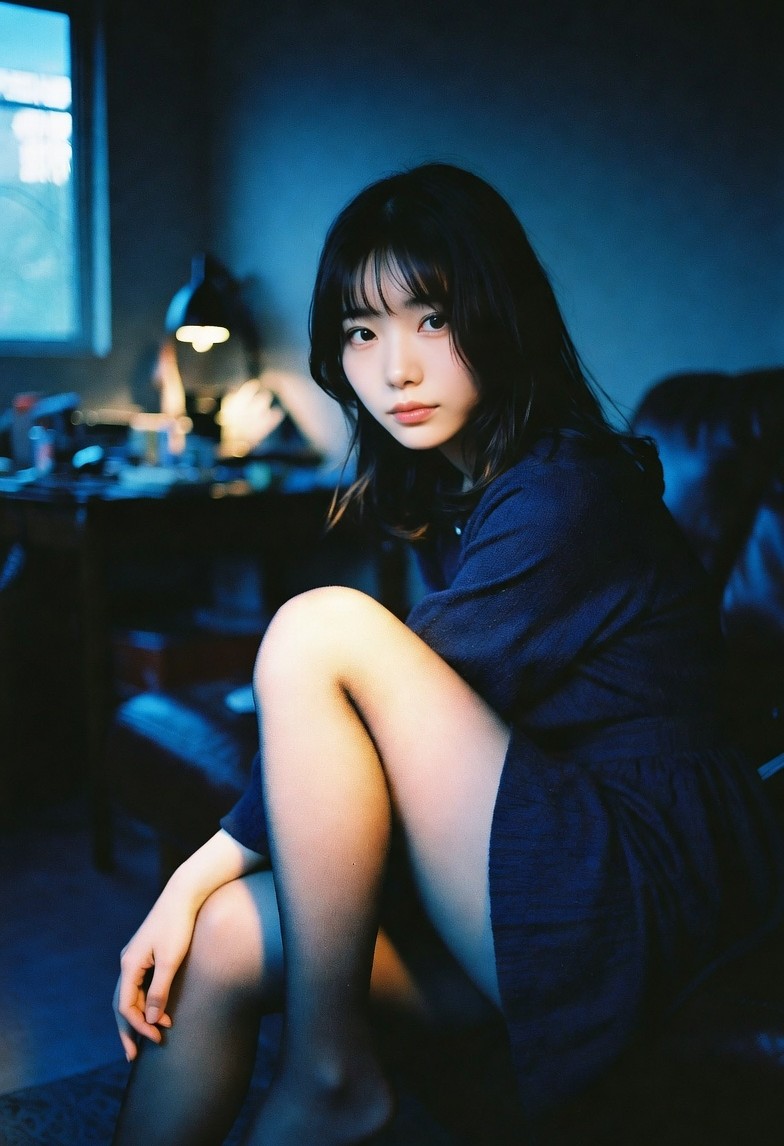 青く薄暗い部屋に佇む黒パンストの女性