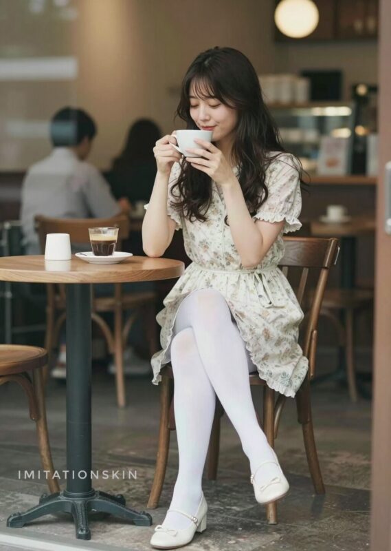 カフェでコーヒーを飲んでいる白タイツの女性