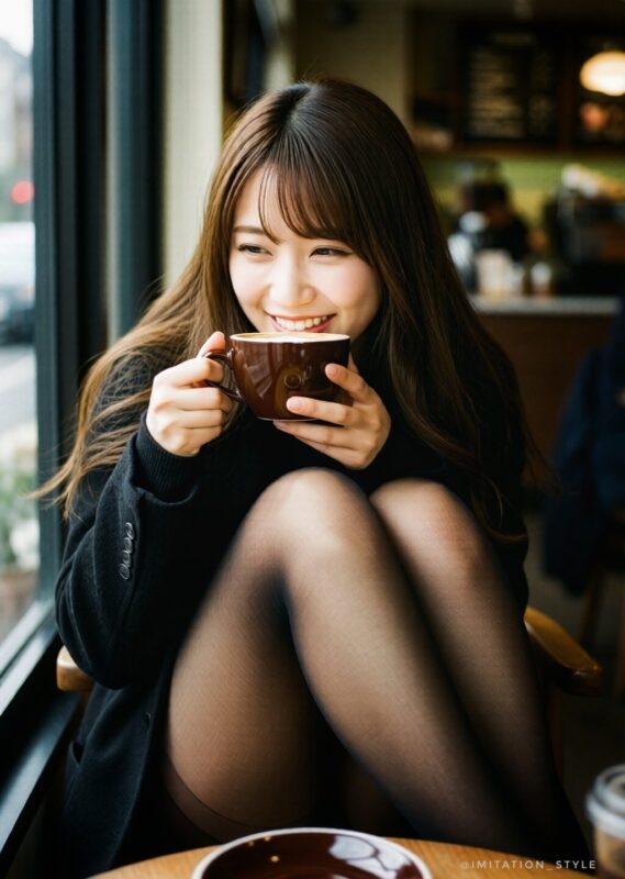 Qwen-image2512のサンプル画像。カフェで美味しそうにコーヒーを飲んでいる女性の画像